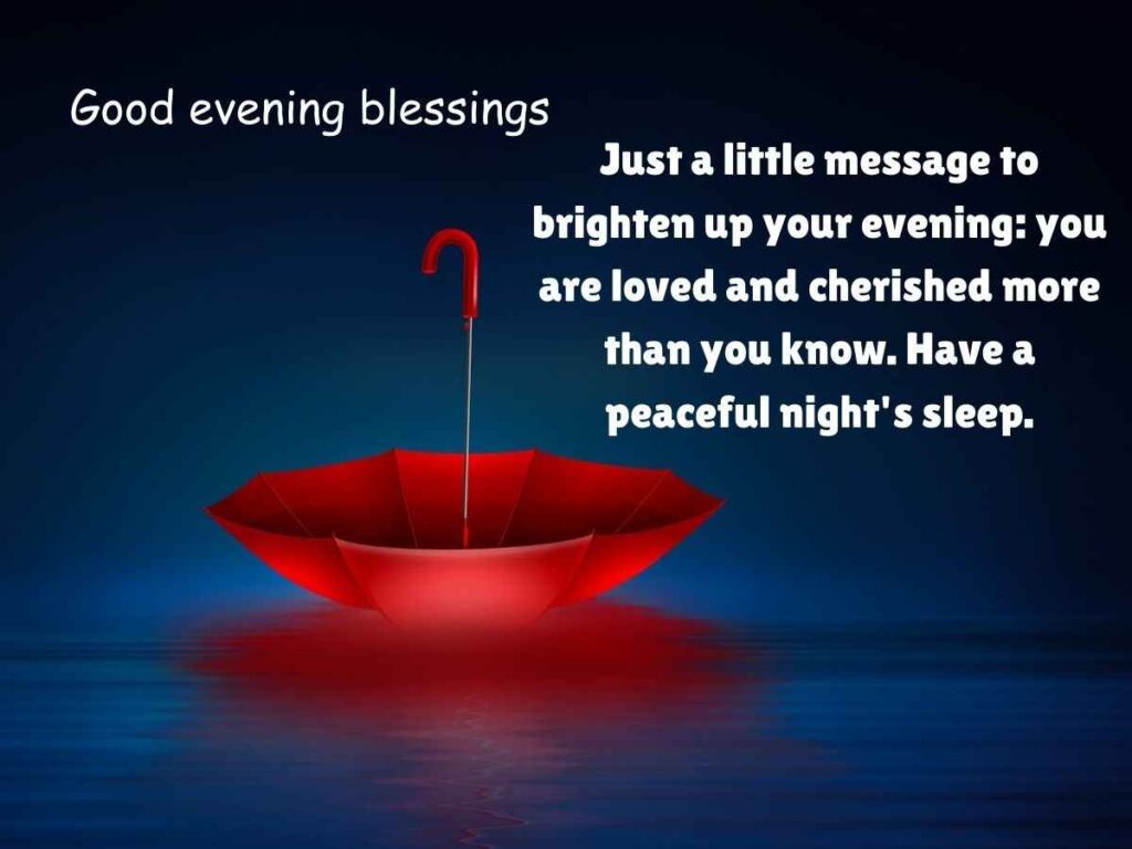 An artistic depiction of a peaceful evening scene, featuring a glowing sunset and the phrase "good evening blessings".