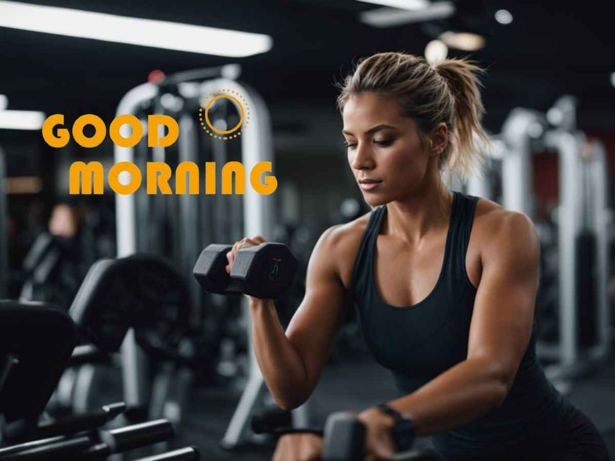 An ai-generated gym scene with treadmills and a prominent sign that states "laco morning," emphasizing a lively atmosphere.