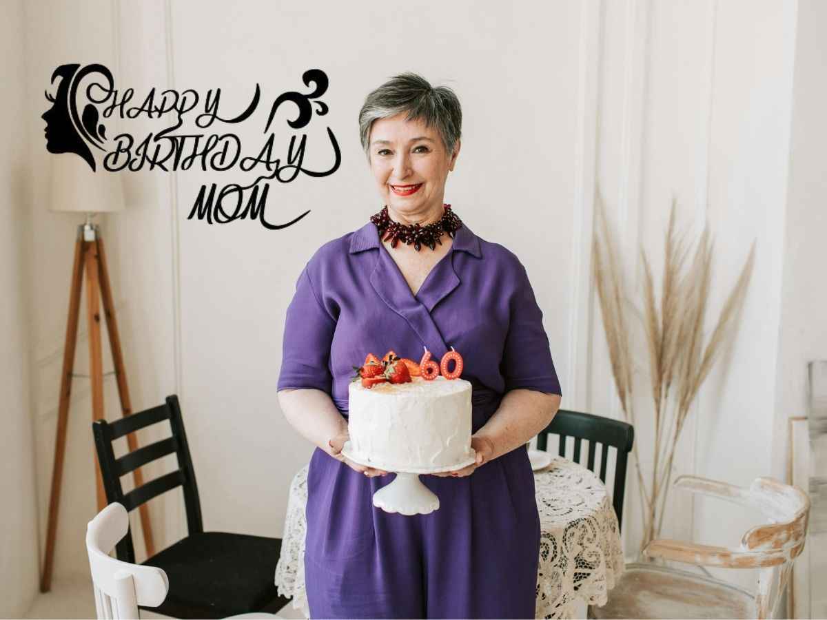 A festive birthday cake topped with a candle that reads "happy birthday mom," symbolizing love and celebration for her special day